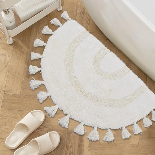 Duidy Boho-Badezimmerteppiche mit Quasten, handgewebte Baumwollmatte, halbrund, Badematte, rutschfest, waschbar, Boho-Badematte, Teppich für Badezimmer, Dusche, Badewanne, 50,8 x 81,3 cm, Weiß…