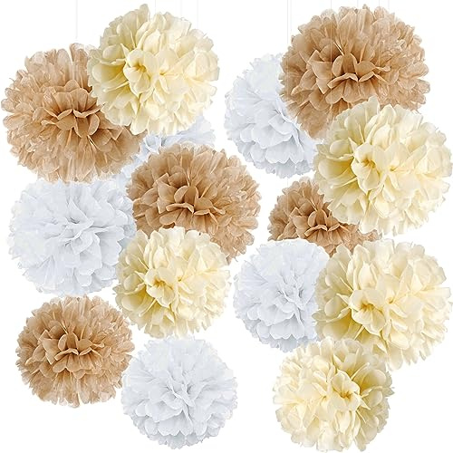 Boho Tissue Paper Pom Poms,Premium Champagne Neutral Party Decorations,Creamy White Light Brown Tissue Paper Flowers,for Wedding Birthday Engagement Receptions Boho Bridal Baby Showers Party Supplies