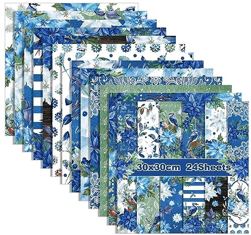 GLKTOPO 30,5 cm Weihnachtsstern-Scrapbook-Papier, Weihnachten, 24 Blatt, doppelseitig, blaue und rote Aquarell-Blumen, Musterpapier für Bastelarbeiten, Kartenherstellung, Scrapbook-Zubehör,