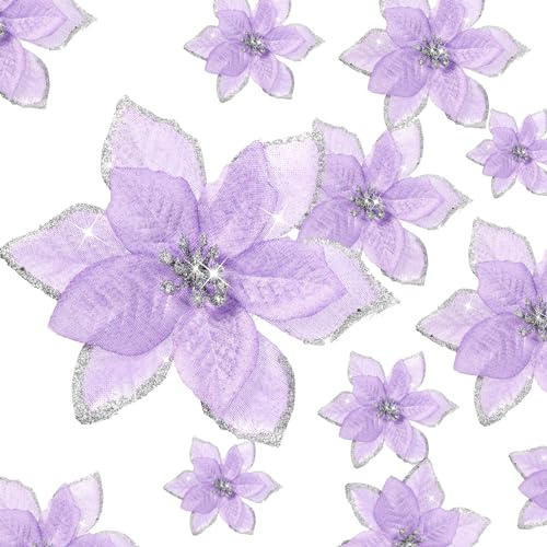 Cindeer 36 Fiori di Stella per Albero di Natale Poinsettia per Decorazioni Natalizie Fiori Artificiali di Natale Glitterate con Clip Ornamenti di Capodanno Matrimonio 4, 6, 9 Pollici (Viola)