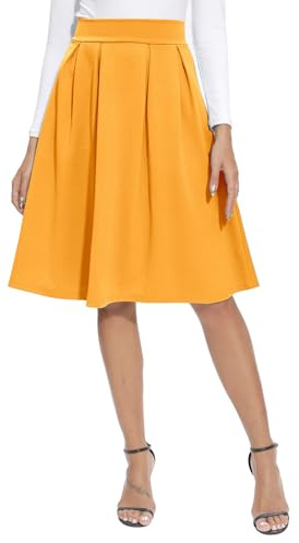 REORIA Damen Rock Faltenrock Klassischer Einfarbiger Plisseerock Knielanges Skirt Röcke Strickrock Tennisrock Gelb L