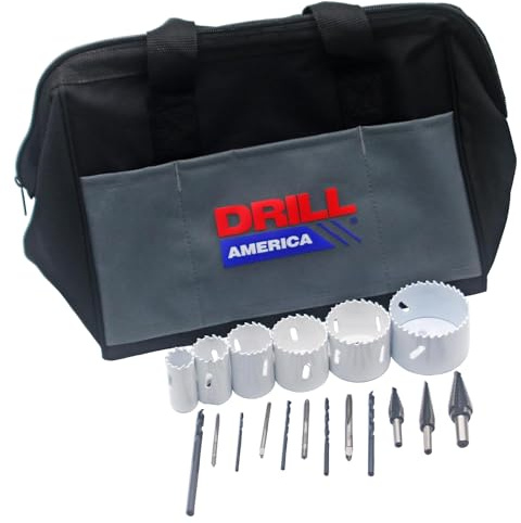 Drill America Elektriker Werkzeugset, 15-teiliges Multi Tool Set mit 4 Gewindebohrer + Bohrer, 6 Lochsägen, 1 Zentrierbohrer, 3 HSS Stufenbohrer, Aufbewahrungstasche Organizer, KMZELEC11