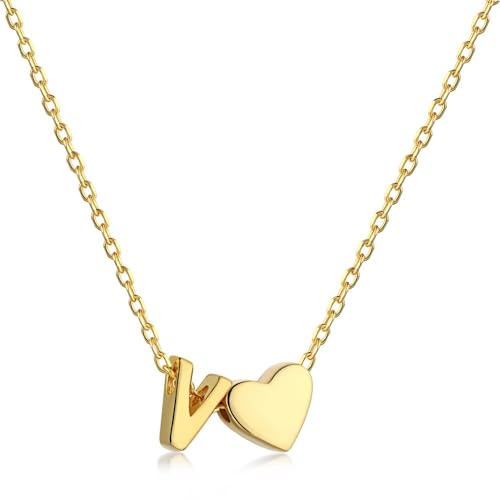 Herz Kette mit Buchstaben Kette Damen Halskette mit Herz Anhänger Buchstabenkette Gold Personalisiere Initialen A-Z Namenskette Herzkette Freundschaftskette Edelstahl Schmuck für Frauen Mädchen (V)