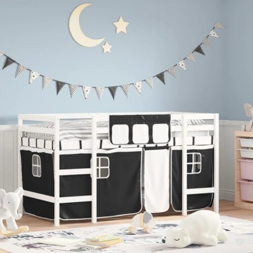 Gecheer Kinderbett,Hochbett Etagenbett Spielbett, Hausbett, Stockbett Bettgestell,Jugendbett Kinderhochbett mit Vorhängen Weiß und Schwarz Massivholz Kiefer