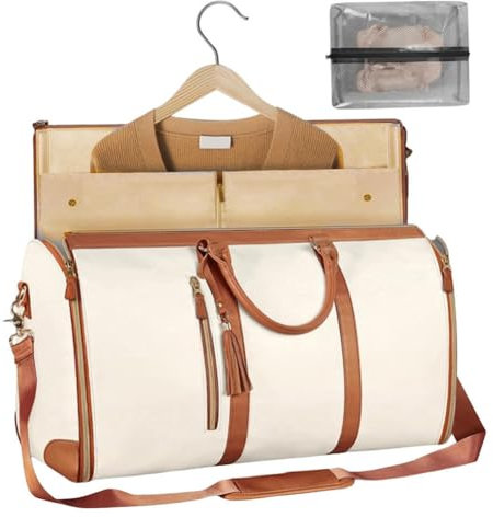 Hixingo PU Handgepäck-Kleidersack, Umwandelbarer Anzugtasche, Kleidersack, Weekender Nachttasche die 2-in-1-Hängekoffer-Reisetaschen, für Koffer, Reisetasche (Beige,20-35L)