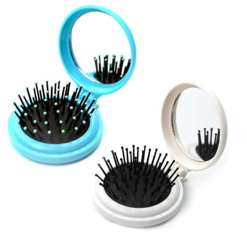 2 Brosse Cheveux Pliables Mini Format Voyage avec Miroir de Poche