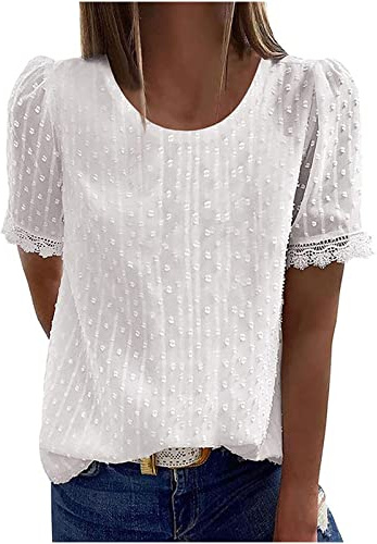 Damen Spitze Tshirt Basic Rundhals Kurzarm Tops Schlanke Passform Oberteile Sommer Einfarbig Tunika Shirts Elegant Baumwolle Bluse Longshirt Leicht Bequemes Sommershirts für Alltag