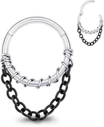 Longbeauty 16G Nasenring Hoop Daith Ohrringe mit Kette Helix Rook Conch Knorpel Tragus Silber Edelstahl Piercing Schmuck 8mm/10mm für Damen Herren