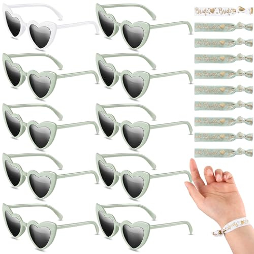 Fiada 20er Set JGA Herzbrillen Braut Herz Sonnenbrillen Bride Braut Armbänder Team Bride Brautjungfern Armband, Accessoires für Junggesellinnenabschied Party Deko Frauen Foto (Weiß und Salbeigrün)