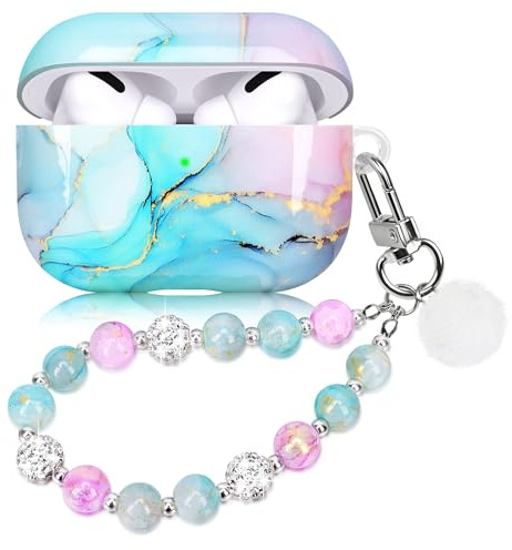 Kompatibel mit AirPods Pro 2 Hülle Case Harter Stoßfeste Marmor Schutzhülle für AirPods Pro 2. Generation 2022 Case Cover für Mädchen Marble Lila Rosa | Kompatibel mit Airpod Pro 2. Generation Cover mit Perlen Armband für Mädchen und Frauen