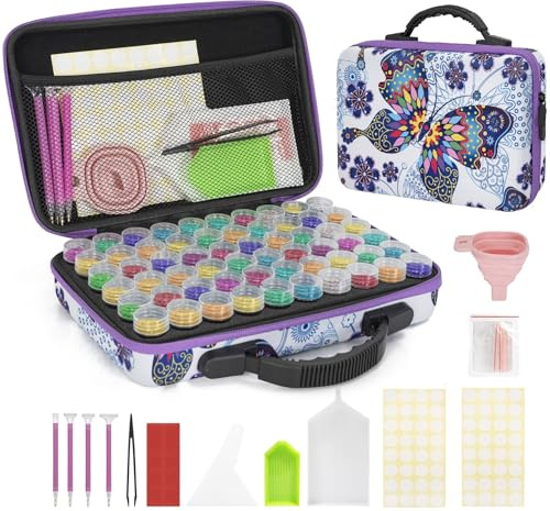 TORIBIO Diamond Art Storage Boxes Kits 60 Slots, 90 PCS Diamond Art Accessories and Tools Kits with Pens, 5D Diamond Embroidery Sorting Box for DIY Art Craft Jewelry Beads Rhinestones Storage(Purple)