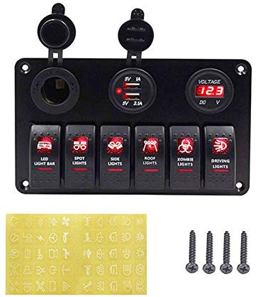 MUEOSI Panneau d'interrupteurs à Bascule 5 6 interrupteurs à Bascule avec Double USB Accessoires de Hors-Bord étanches, for Premier Bateau Marin, Voiture, Camion Tableau électrique(6GangRed)