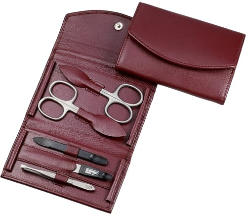 Maniküre Set - 5 teiliges Nagelpflegeset - Nagelschere, Hautschere, Nagelfeile, Pinzette und Doppelinstrument - Echtes Nappa-Lammleder Manicure Etui (Bordeaux)