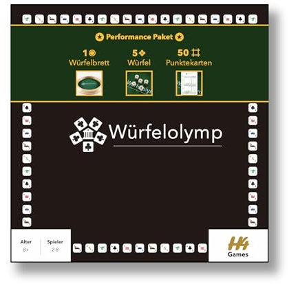 Würfelolymp - Großes Würfelbrett - Würfelset mit 5 Würfeln - Großer Punkteblock mit 50 Punktekarten - Würfelspiel Pokerspiel Gesellschaftsspiel für Freunde und die ganze Familie (Performance Paket)