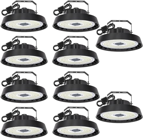 Mondlicht 10 luces de pasillo LED 300W blanco frío 5000K | Proyector LED UFO highbay, ángulo de haz de 90°, 51000lm, lámpara industrial IP65, proyector de vestíbulo para almacén/taller/garaje