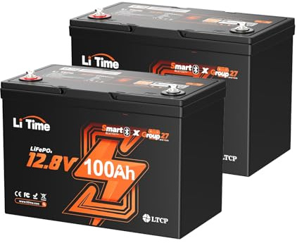 Litime 12V 100Ah Group 27 Bluetooth LiFePO4 Battery, Lithium Battery, Built-in 100A BMS with Low-Temp Protection, Max. 15000 Cycles, Perfect for RV, Solar System, Trolling Motors etc. (2 Pack)