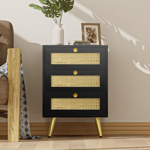 Skokliz Nachttisch mit 3 Schubladen, Rattan Moderner Beistelltisch, Schwarz Nachtkästchen für Schlafzimmer und Wohnzimmer(37T x 46B x 66H cm)