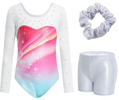 JiAmy - Set di body da ginnastica per ragazza, con pantaloncini da ginnastica e fascia per capelli, set di body da ginnastica e leotard per 3-12 anni, 6-7 Jahre