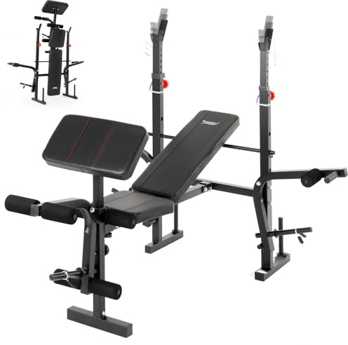 NOVONOVA Banco Musculación Plegable, Banco De Musculacion, Press Banca con Soporte para Barra para press de banca, Banco De Pesas Musculación Ajustable con respaldo, soporte para piernas