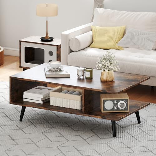COSTWAY Mesa de Centro con Almacenamiento, Mesa Auxiliar Moderna con Estante Abierto, Mesita Central Rectangular de 2 Niveles con Patas Metálicas para Salon (Café)