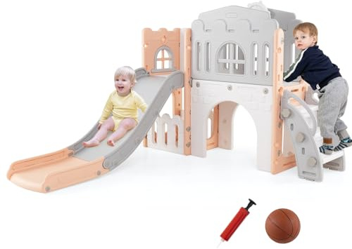 COSTWAY 9 en 1 Toboggan Enfant en HDPE avec Échelle & Panier de Basketball, Aire de Jeux Intérieure avec Télescope & Volant & Tunnel, Espace de Rangement pour Tout-Petits de 1 an+ (Rose)