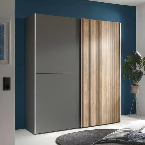 Julian Bowen Berno Wardrobe, Sliding Door, Grey - H196 x W170 x D58cm | Modern Double Closet, Clothing Rail & Shelf, Storage Armoire for Bedroom