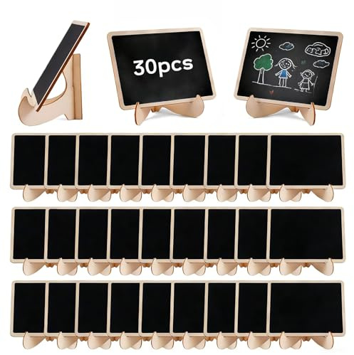 yolzhxe 30 Pièces Mini Tableaux Noirs Sur Chevalets en Bois, 10×7.5cm Mini Ardoise, éTiquette avec Support Buffet Convient pour les Marque Places, les étiquettes de Prix, les Panneaux de Buffet, etc