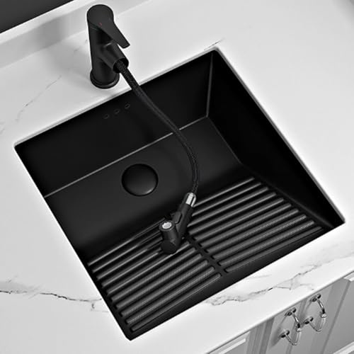 Lavabo Salle de Bain avec Planche à Laver, Lavabo Salle de Bain Modernes en Céramique à Encastrer Sous Plan avec Robinet, Bonde et Vis de Fixation(Black,55.5x46x22cm/21.9x18.1x8.7in)