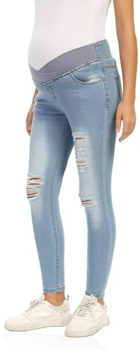 Gowjog Jeans premaman da donna sotto la pancia, skinny, pantaloni premaman slim con tasche, Azzurro, M