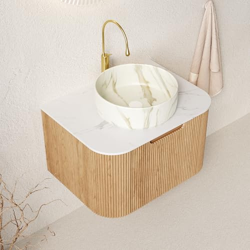 REXO DINA Lavabo da bagno, 61 cm, bianco rotondo, in ceramica con motivo in pietra e top Carrara, con bordi curvi in compensato a righe con cassetto, preassemblato, venature naturali del legno