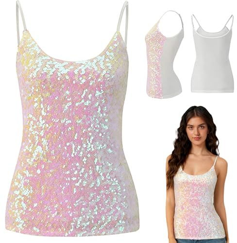 MUNSKT Women's Sequin Party Tops, Adjustable Straps Daily Halter Tank Tops Sleeveless Glitter Camisole Vest Blouse Tshirts for Night Club Party Performance Costume Tops (White)