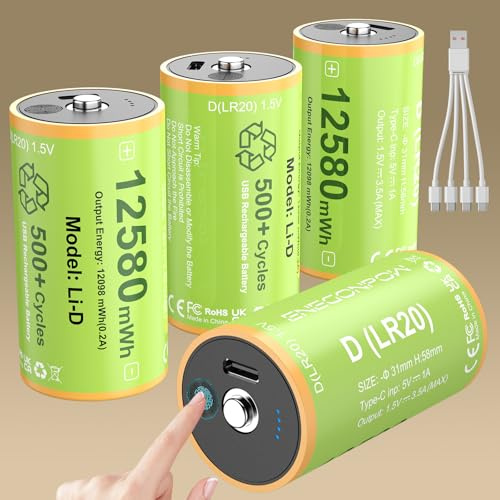ENEGON Confezione da 4 batterie al litio ricaricabili tipo D LR20, 12580mWh 1,5V, con cavo 1-a-4. Ideali per fari da lavoro, luci da campeggio, radio, luci di sicurezza e display LED touch.