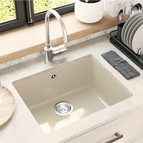 QUAHEAS Lavabo beige in 80% quarzo e 20% resina, 530 x 460 mm, lavello da incasso con filtro di scarico e set di accessori, per cucina, ripostiglio e giardino