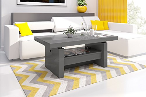 HU Design Couchtisch Tisch Aversa H-111 Grau/Anthrazit Hochglanz Schublade höhenverstellbar ausziehbar Esstisch