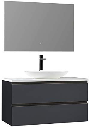 StoneArt Badmöbel-Set Mineralguss Waschbecken Waschschale Aufsatzwaschbecken und Unterschrank und LED Spiegel Touch-Sensor Waschtisch Monte Carlo MC-1000pro-3 dunkelgrau 100cm