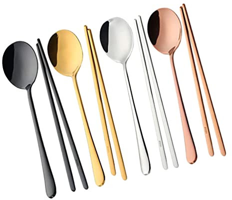 Cabilock 4 Juegos Juego De Vajilla Portatil Palillos De Metal con Cuchara Palillos Planos De Metal Palillos Chinos Reutilizables Cuchara De Mango Largo Chopstix Lavavajillas Titanio