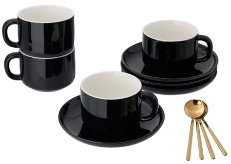 CHILDIKE Porcelain Coffee Cups and Saucers Set of 4 with Gold Spoon 220 ml/8oz, Ceramic Black Cappuccino Cups for Tea, Espresso