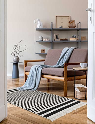 e-floor Teppich Kilim Gold – Stil und Funktionalität - für Wohnzimmer - Boho Teppich - Baumwolleteppich - Gewebt (Streifen Schwarz-Weiß, Weiß, 60x120cm)