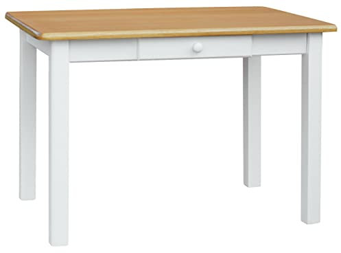 k koma Massiver Esstisch aus Kiefernholz – Weiß mit Tischplatte in Erle-Optik, mit Schublade – Ideal für Küche, Esszimmer oder Restaurant – NEU vom Hersteller (50 x 80)