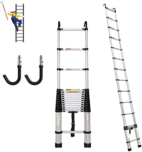 Alu Teleskopleiter, 14,4 FT/4,4m Klappleiter mit 2 Abnehmbarem Haken, Rutschfester Stehleiter, Ausziehbare Leiter Mehrzweckleiter, Haushaltsleiter 150 kg Belastbarkeit