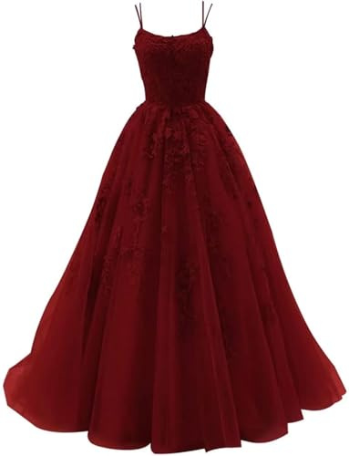 HYEC7 Women's Spaghetti Straps Tulle Prom Dresses Long Lace Appliques Ball Gown Formal Evening Party Gowns Wine
