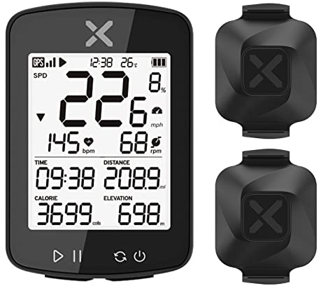XOSS G+ Gen2 GPS Bike Computer ANT+/ Bluetooth IPX7 Cycling Computer Rechargeable Speedometer Odometer with 2.2 inch LCD Screen, 28 hrs Long Battery Life with Vortex Speed Cadence Sensor-2 Pack