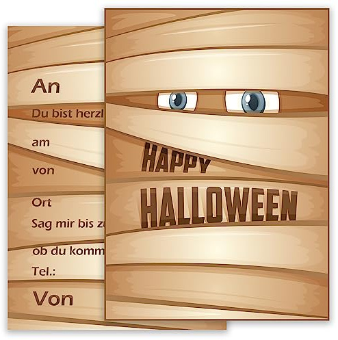E&G Klasse 10 Halloween Karten Einladungskarten Einladung Jungen Mädchen Kinder Party Motiv Halloweenparty Grusel Party Mumie Set beige