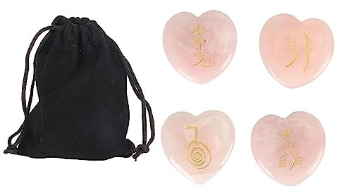 4 Stück Herzförmige Daumen-Handschmeichler aus Rosenquarz – Reiki-Ausgleichskristalle mit Eingravierten Symbolen, Handflächengroße Heilsteine ​​für Meditation, Chakra-Ausgleich