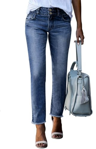 Sidefeel Jeans for Women Trendy 2024 High Waisted Straight Leg Raw Hem Denim Pants with Pockets Sky Blue Size 10