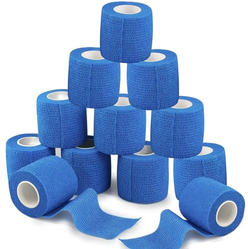 ANAMPION Bandage Autoadhésif 12 Rouleaux, 5cm x 4.5m Bande Cohesive pour Les Humains Et Les Animaux, Bande Strapping Adhésif pour Gonflement Des Chevilles, Sports, Animaux(Bleu)