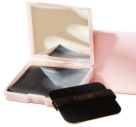 Oil Blotting Sheet, 200 Pcs Blotting Paper for Oily Skin with Mirror Case and Self-Adhesive Powder Puff, Added Charcoal for Absorbency-Removal of Facial Oil, Sebum & Grease, 7x6.2 cm, Pink