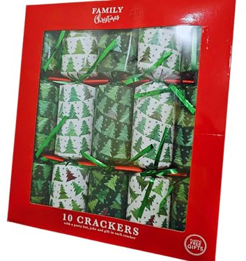 Sly Sippy 10 x 12 inches Crackers | Deluxe Green and White Tree Themed Christmas Crackers with Fun Gifts Included