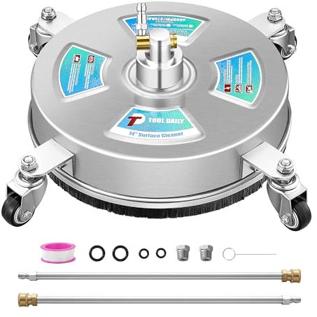 Tool Daily 14” Pressure Washer Surface Cleaner, Stainless Steel Driveway Power Washer Attachment with 4 Wheels, 2 Extension Wands, 4000 PSI