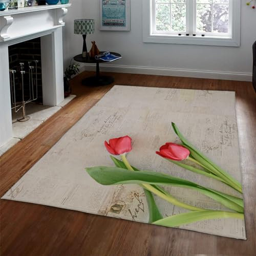 LANDERSION Florale Vintage-Teppiche mit Frühlingstulpen, Teppiche für die Wohnkultur, rutschfeste Unterseite, maschinenwaschbarer Teppich mit niedrigem Flor für Wohnzimmer, Schlafzimmer 160x230cm